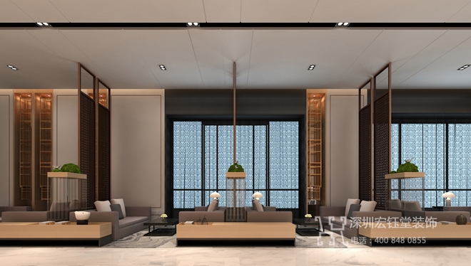 鄭州康橋地產一號院現代中式售樓部休閑區(qū)裝修設計效果圖