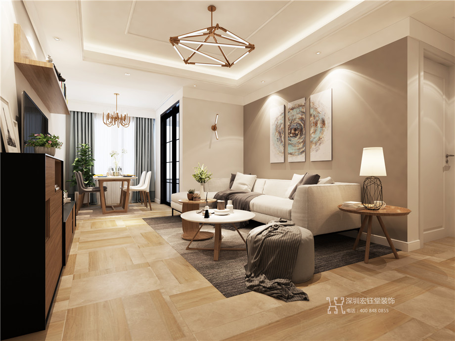 鄭州九龍國(guó)際簡(jiǎn)約樣板間裝修案例-87平B4戶型-客廳裝修效果