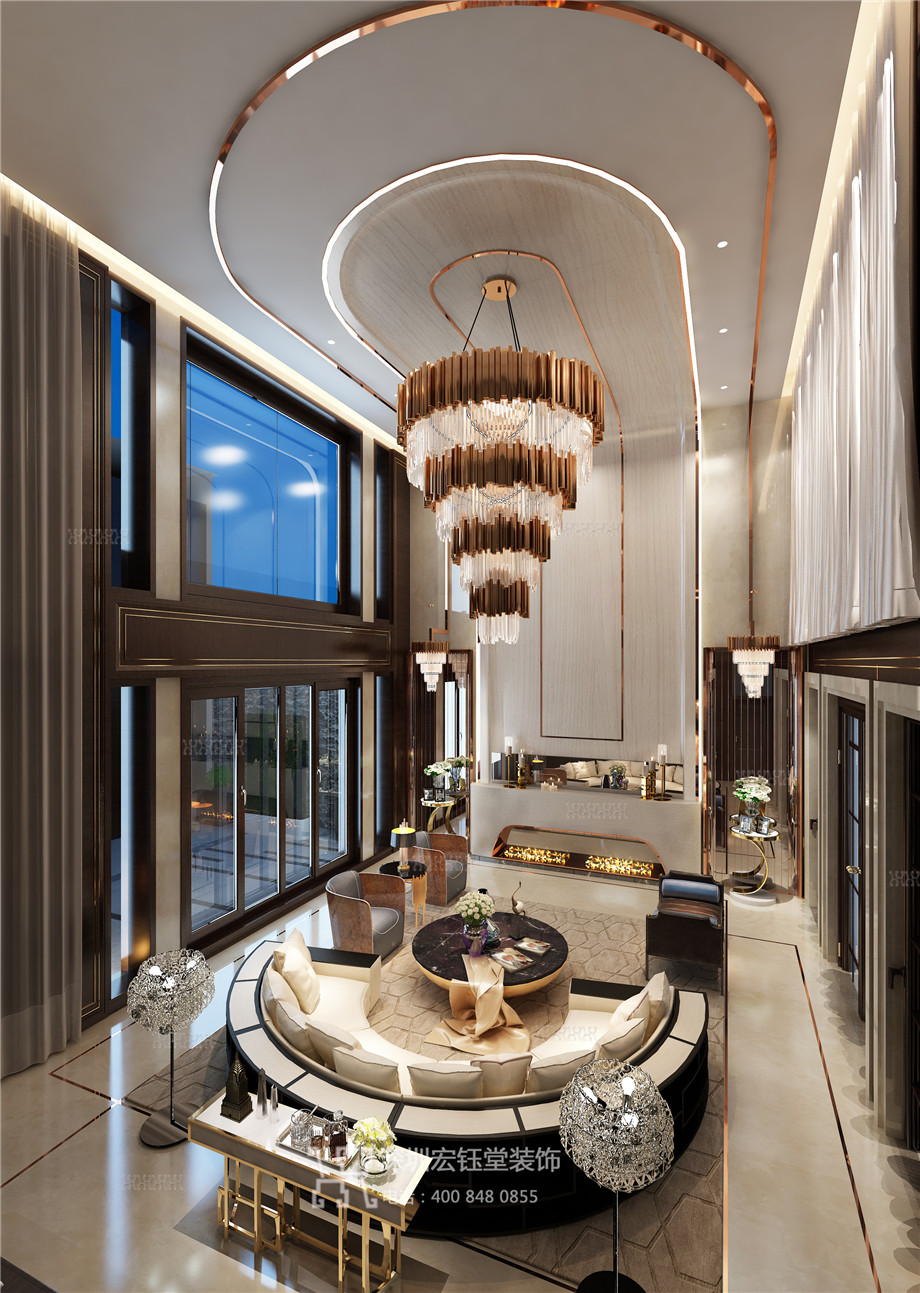 鄭州現(xiàn)代奢華風鄒公館別墅雙層挑空客廳設計效果圖 鄭州現(xiàn)代奢華風鄒公館別墅雙層挑空客廳設計效果圖