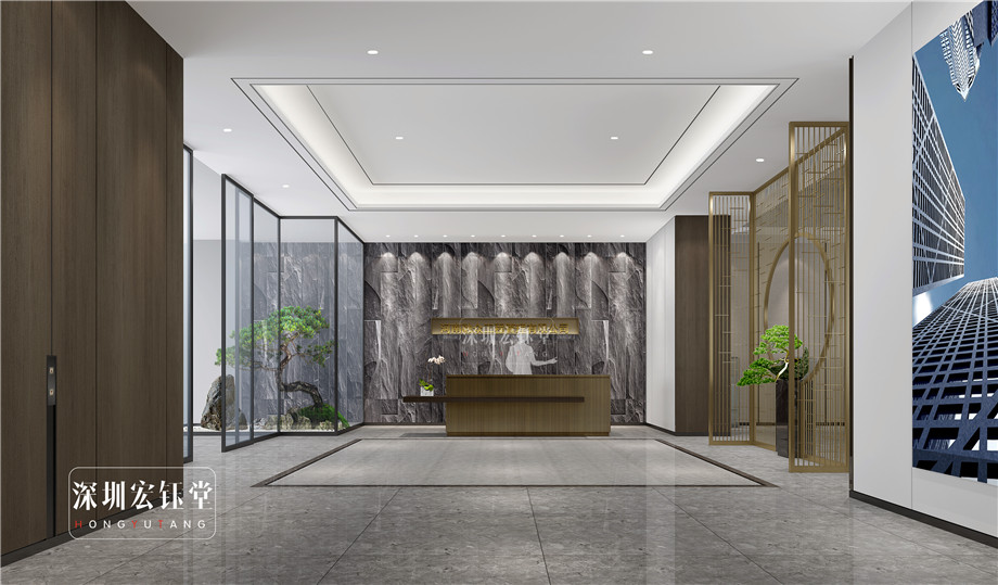 鄭州中式辦公室前臺(tái)裝修效果圖-河南融眾辦公樓裝修案例