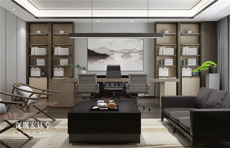 鄭州董事長(zhǎng)中式辦公室裝修效果圖-河南融眾辦公樓裝修案例